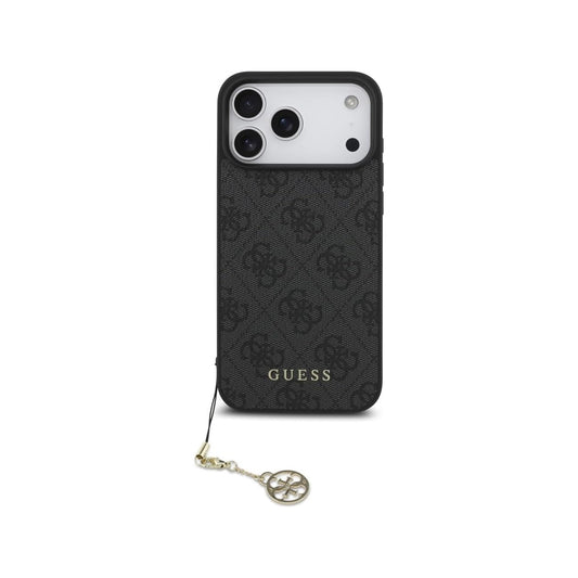 Guess Funda Logo 4G con Charm Dorado para iPhone 17 Pro Max/18 Pro Max con Protección Anticaídas, Negra