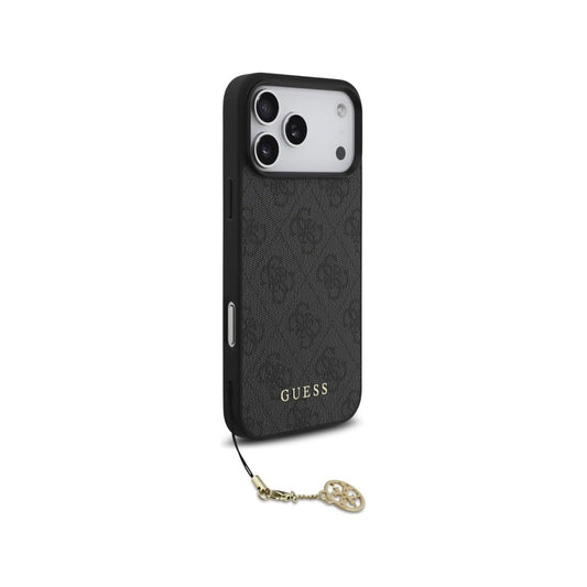 Guess Funda Logo 4G con Charm Dorado para iPhone 17 Pro Max/18 Pro Max con Protección Anticaídas, Negra