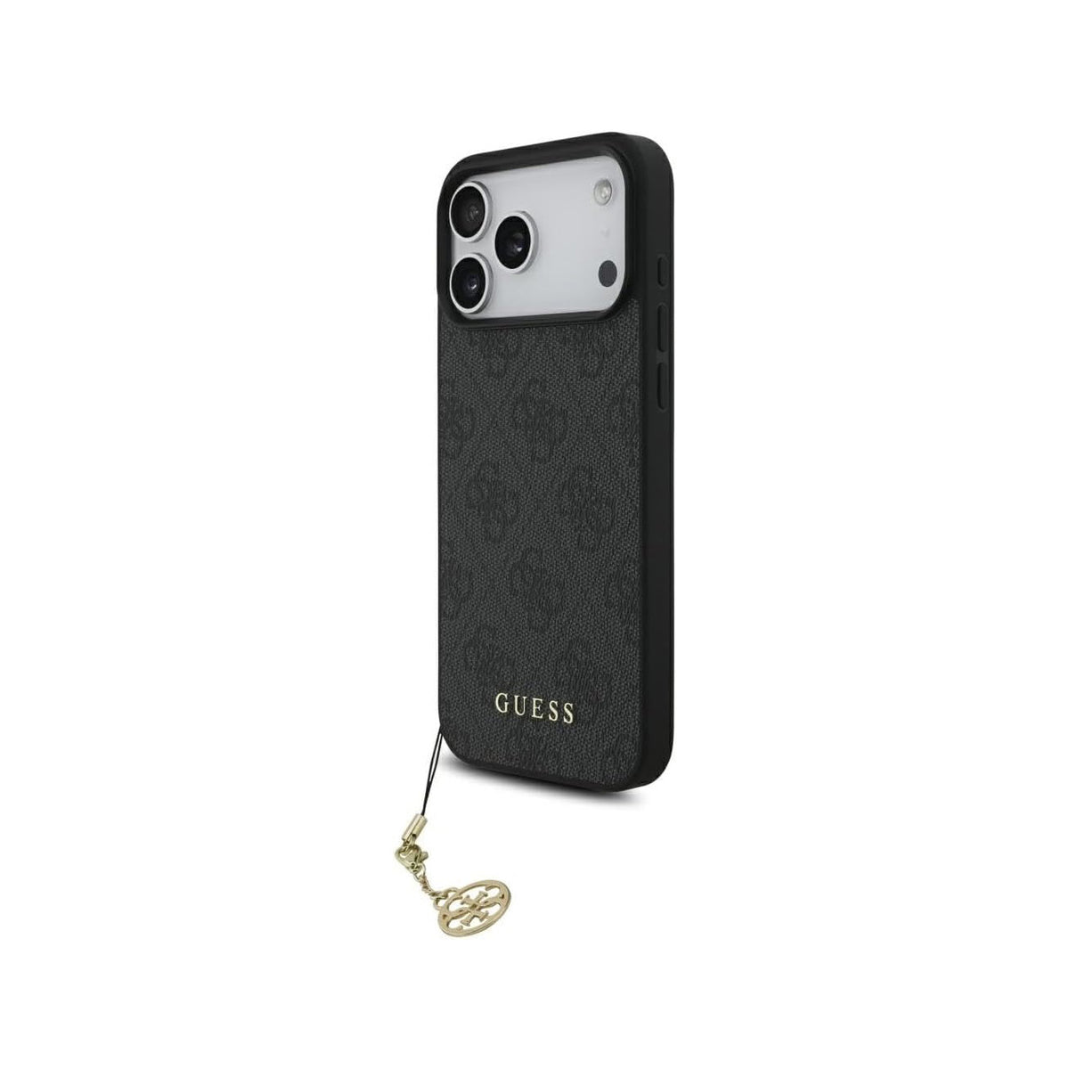 Guess Funda Logo 4G con Charm Dorado para iPhone 17 Pro Max/18 Pro Max con Protección Anticaídas, Negra