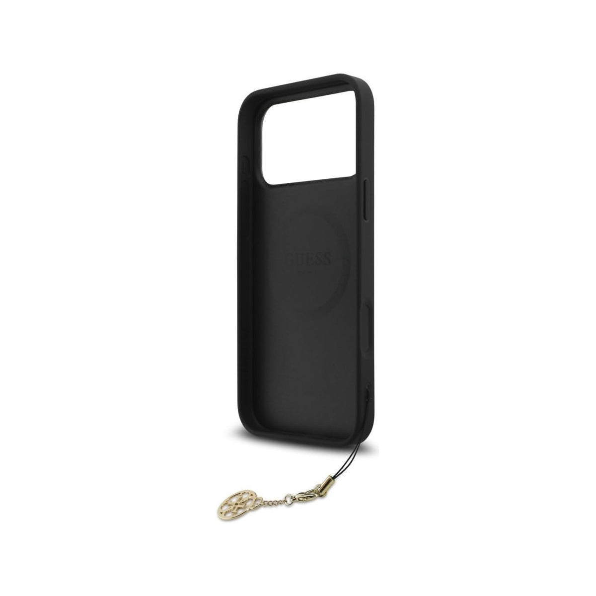 Guess Funda Logo 4G con Charm Dorado para iPhone 17 Pro Max/18 Pro Max con Protección Anticaídas, Negra