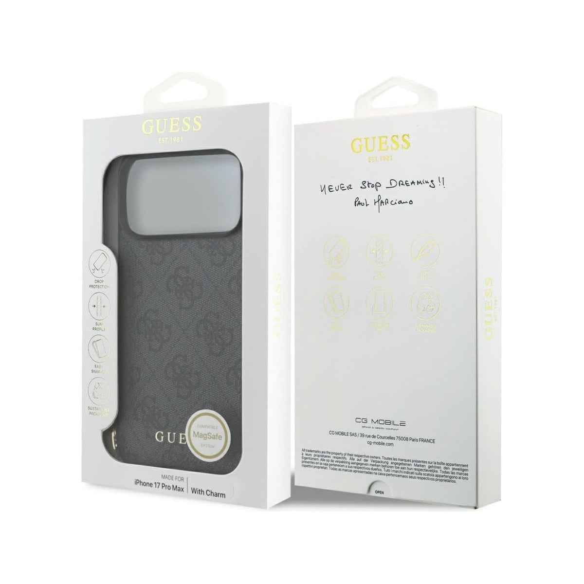 Guess Funda Logo 4G con Charm Dorado para iPhone 17 Pro Max/18 Pro Max con Protección Anticaídas, Negra