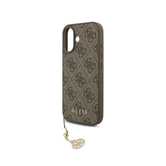 Guess Funda para iPhone 17 – Carcasa con Efecto Piel Marrón, Logotipo 4G y Charm Dorado, Protección Anticaídas y Ajuste Preciso