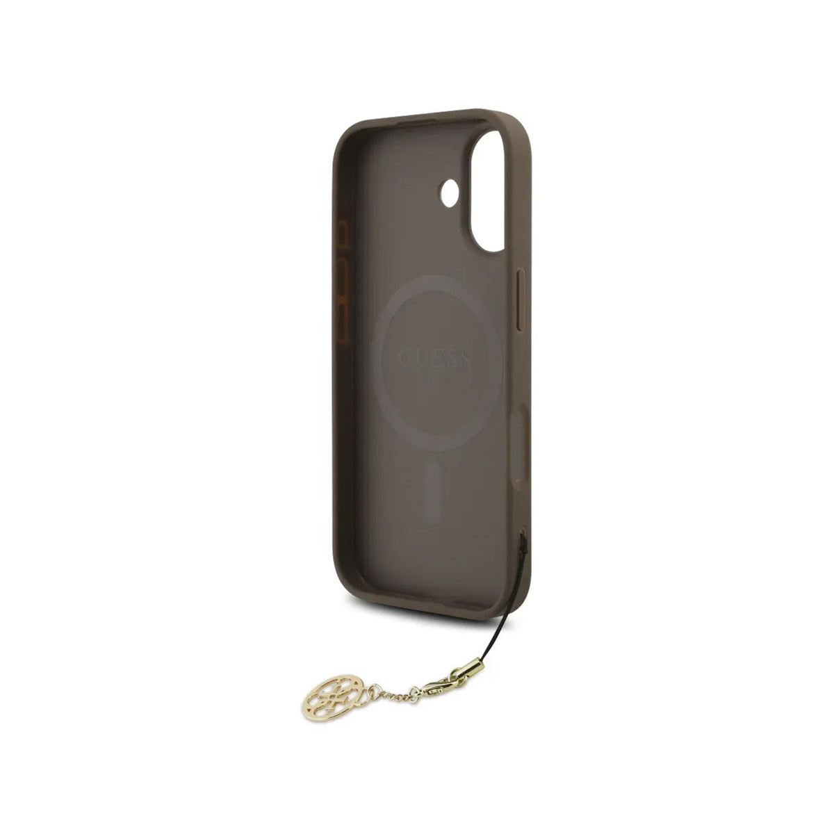 Guess Funda Efecto Piel Logo 4G para iPhone 17 con Charm Dorado y Protección Anticaídas, Marrón