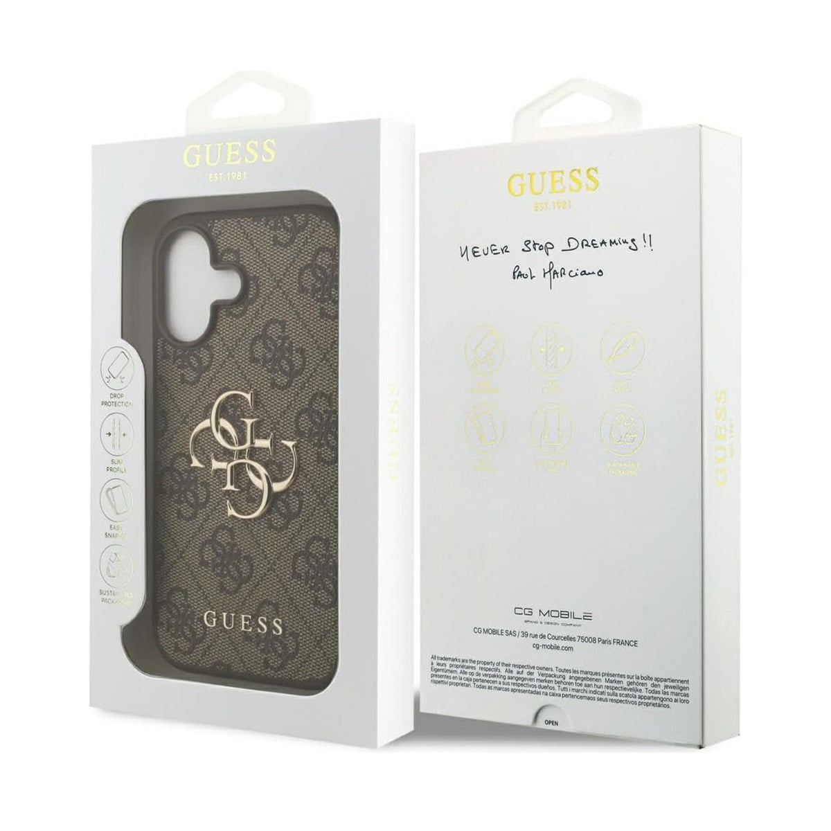 Guess Funda Efecto Piel Logo 4G para iPhone 17 con Charm Dorado y Protección Anticaídas, Marrón