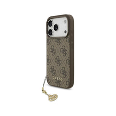 Guess Funda para iPhone 17 Pro – Carcasa Marrón con Logo 4G y Charm Dorado, Protección Anticaídas y Ajuste Preciso