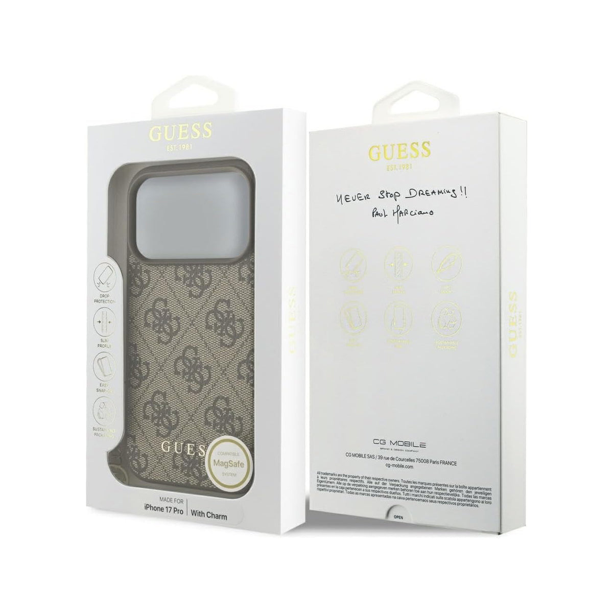 GUESS Funda Logo 4G para iPhone 17 Pro/18 Pro con Charm Dorado, Marrón