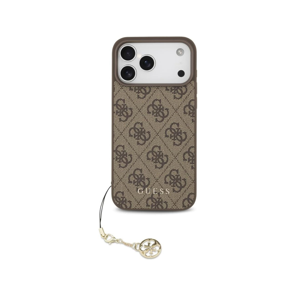 Guess Funda Logo 4G con Charm Dorado para iPhone 17 Pro Max/18 Pro Max con Protección Anticaídas, Marrón