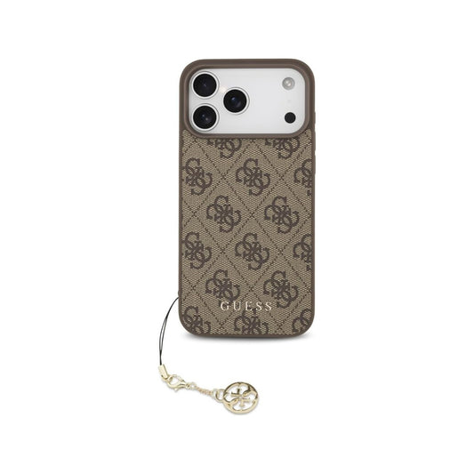 Guess Funda para iPhone 17 Pro Max – Carcasa Marrón con Logo 4G y Charm Dorado, Protección Anticaídas y Ajuste Preciso