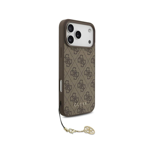 Guess Funda para iPhone 17 Pro Max – Carcasa Marrón con Logo 4G y Charm Dorado, Protección Anticaídas y Ajuste Preciso