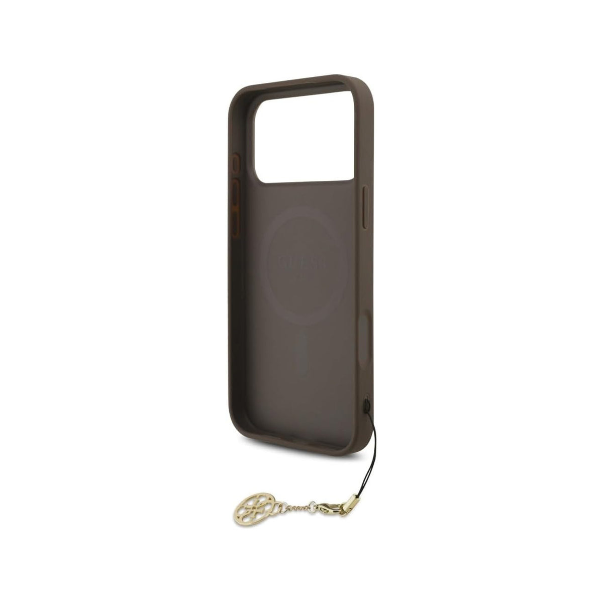 Guess Funda Logo 4G con Charm Dorado para iPhone 17 Pro Max/18 Pro Max con Protección Anticaídas, Marrón