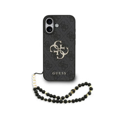 GUESS Funda de Polipiel Logo 4G Clásico para iPhone 17 con Correa de Perlas y Protección Anticaídas, Negra