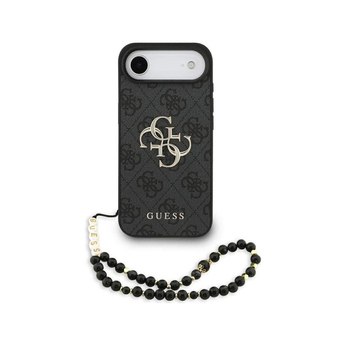 Guess Funda de Polipiel Logo 4G Clásico para iPhone Air con Correa de Perlas y Protección Anticaídas, Negra