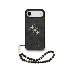 Guess Funda de Polipiel Logo 4G Clásico para iPhone Air con Correa de Perlas y Protección Anticaídas, Negra