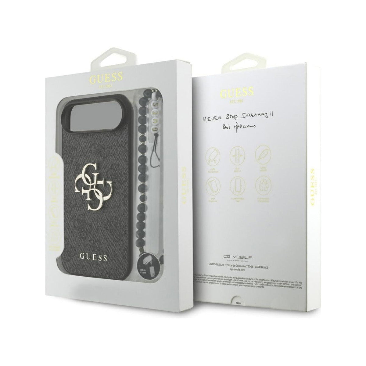 Guess Funda de Polipiel Logo 4G Clásico para iPhone Air con Correa de Perlas y Protección Anticaídas, Negra