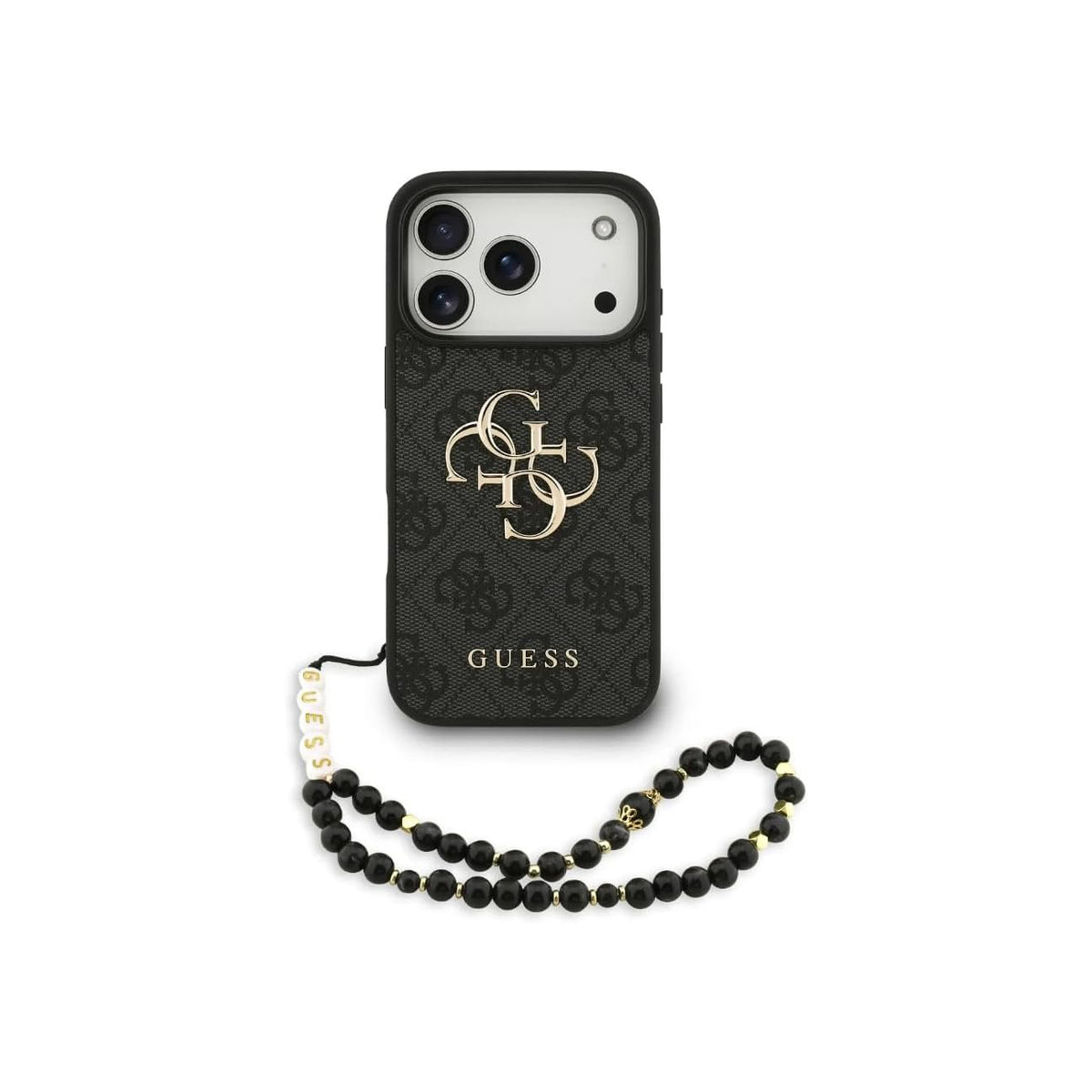 Guess Funda de Polipiel Logo 4G Clásico para iPhone 17 Pro Max/18 Pro Max con Correa de Perlas y Protección Anticaídas, Negra