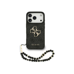 Guess iPhone 17 Pro Max Case - Black Faux Leather Case with Classic 4G Logo and Pearl Strap, Drop Protection and Precise Fit