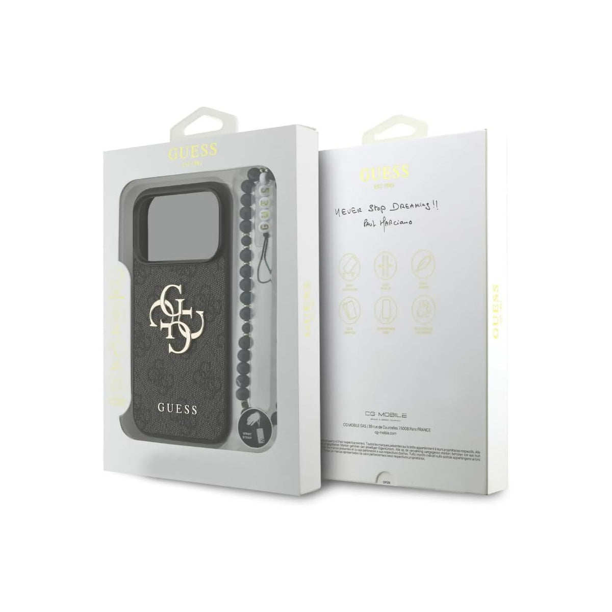 Guess Funda de Polipiel Logo 4G Clásico para iPhone 17 Pro Max/18 Pro Max con Correa de Perlas y Protección Anticaídas, Negra