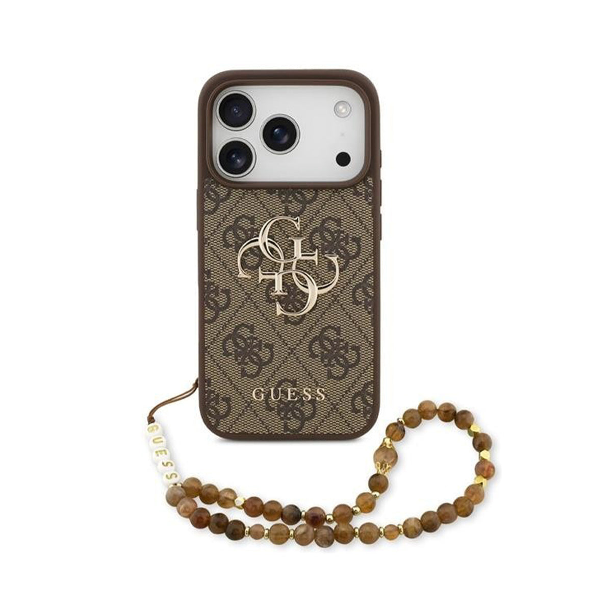 GUESS Funda Efecto Piel con Logo 4G para iPhone 17 Pro/18 Pro con Correa de Perlas, Marrón