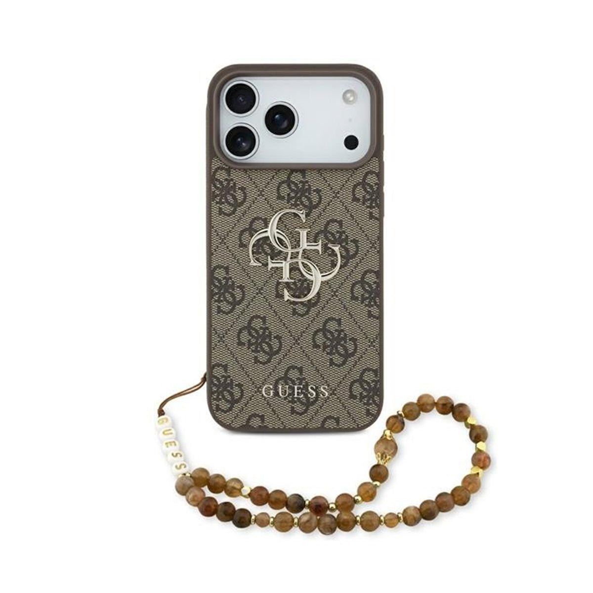 GUESS Funda Efecto Piel con Logo 4G para iPhone 17 Pro Max/18 Pro Max con Correa de Perlas, Marrón