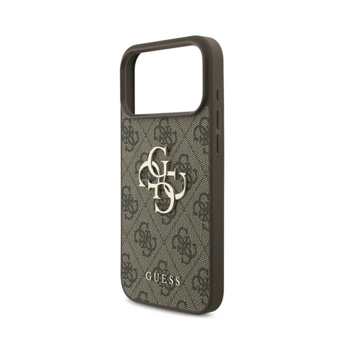 GUESS Funda Efecto Piel con Logo 4G para iPhone 17 Pro Max/18 Pro Max con Correa de Perlas, Marrón