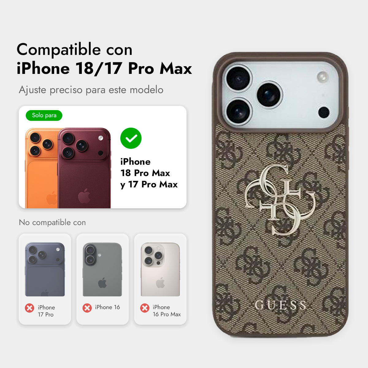 GUESS Funda Efecto Piel con Logo 4G para iPhone 17 Pro Max/18 Pro Max con Correa de Perlas, Marrón