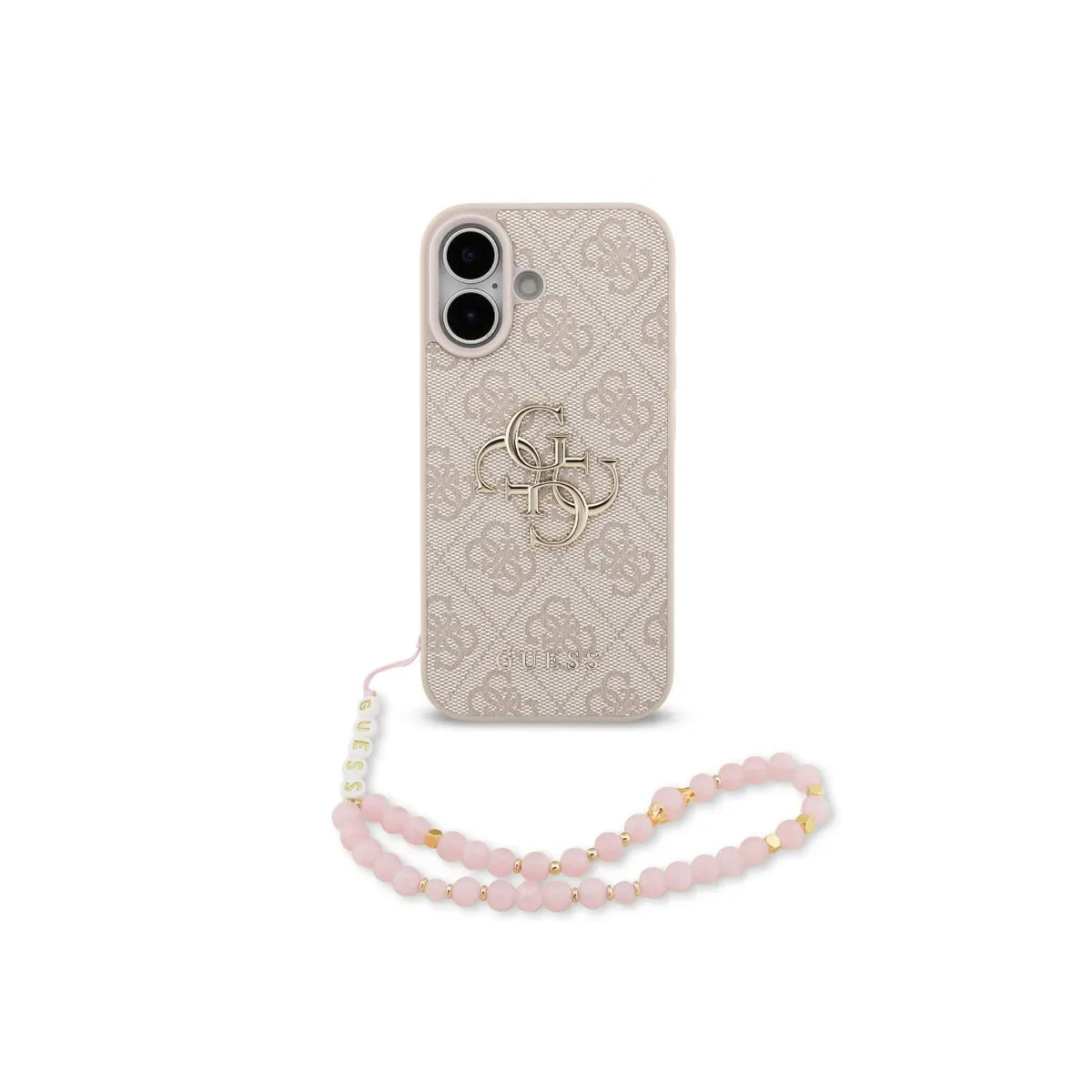 Guess Funda de Polipiel Logo 4G Clásico para iPhone 17 con Correa de Perlas y Protección Anticaídas, Rosa