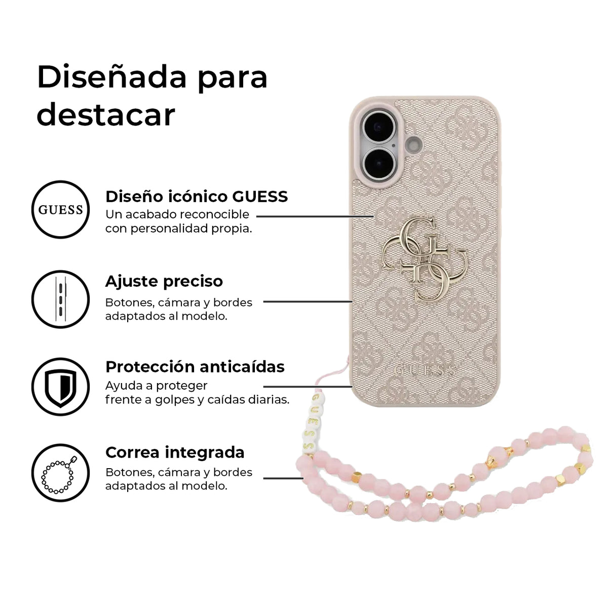 Guess Funda de Polipiel Logo 4G Clásico para iPhone 17 con Correa de Perlas y Protección Anticaídas, Rosa