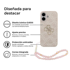 Guess Funda de Polipiel Logo 4G Clásico para iPhone 17 con Correa de Perlas y Protección Anticaídas, Rosa