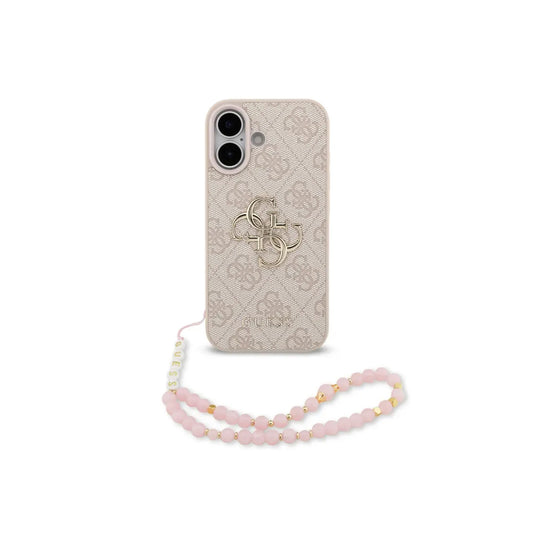 Guess Funda para iPhone 17 – Carcasa de Polipiel Rosa con Logo 4G Clásico y Correa de Perlas, Protección Anticaídas y Ajuste Preciso