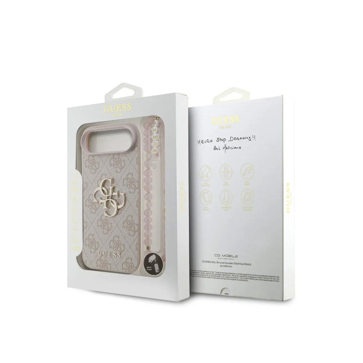 GUESS Funda de Polipiel Logo 4G Clásico para iPhone Air con Correa de Perlas y Protección Anticaídas, Rosa