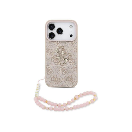 GUESS Funda de Polipiel con Logo 4G Clásico para iPhone 17 Pro/18 Pro con Correa de Perlas, Rosa