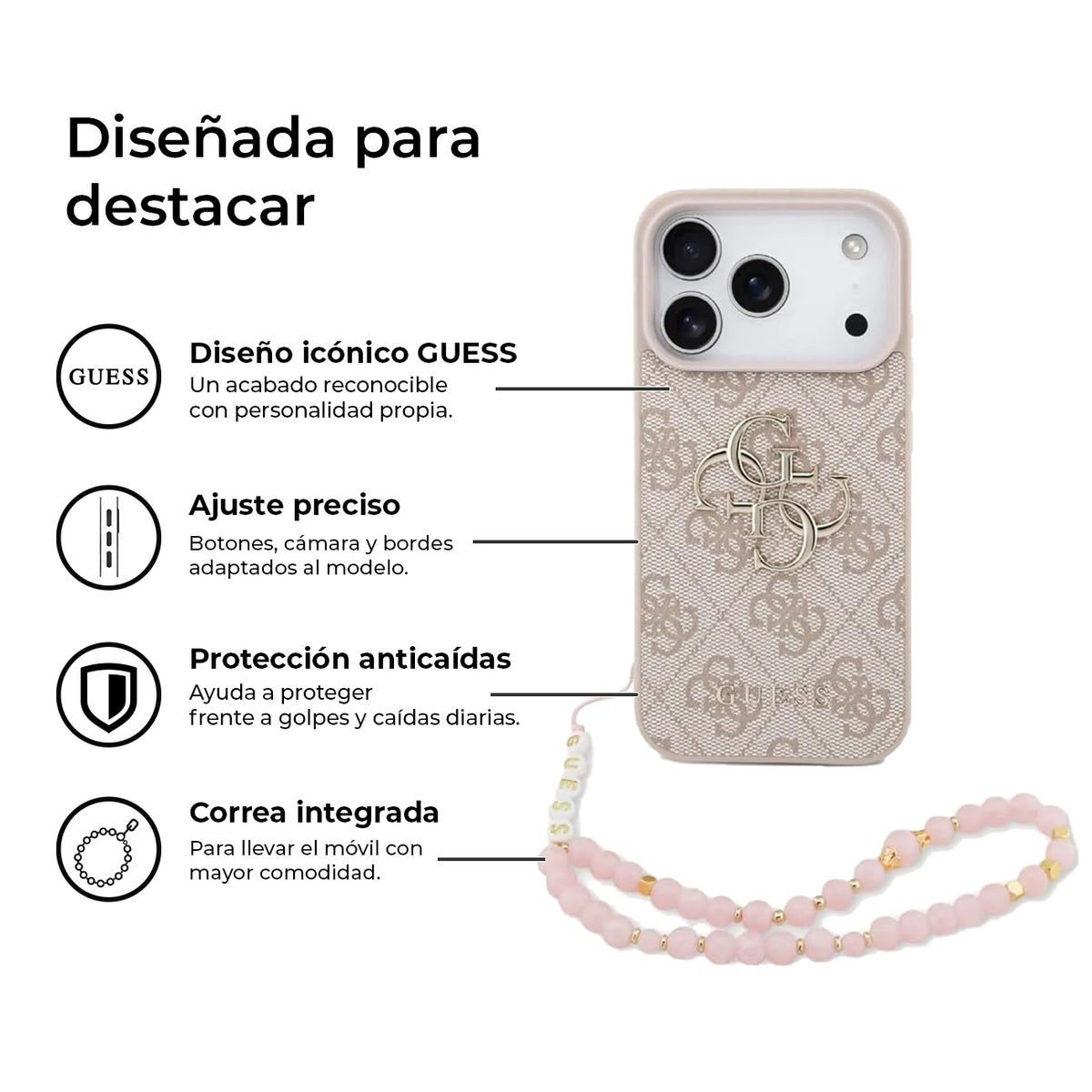 Guess Funda de Polipiel Logo 4G Clásico para iPhone 17 Pro Max/18 Pro Max con Correa de Perlas y Protección Anticaídas, Rosa
