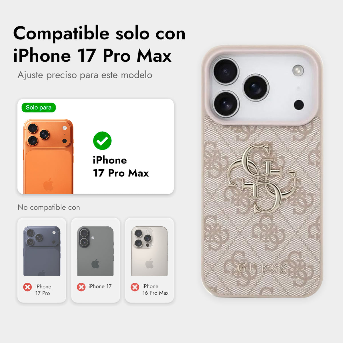 Guess Funda de Polipiel Logo 4G Clásico para iPhone 17 Pro Max/18 Pro Max con Correa de Perlas y Protección Anticaídas, Rosa