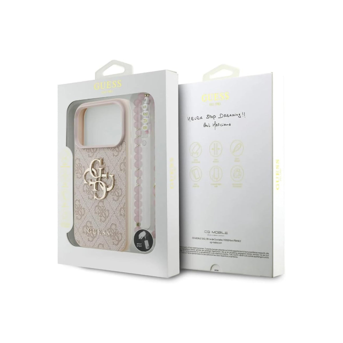 Guess Funda de Polipiel Logo 4G Clásico para iPhone 17 Pro Max/18 Pro Max con Correa de Perlas y Protección Anticaídas, Rosa