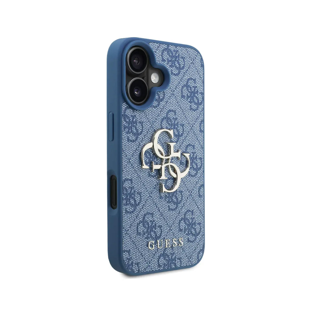 GUESS Funda Logo 4G Dorado para iPhone 16 con Correa de Perlas y Protección Anticaídas, Azul