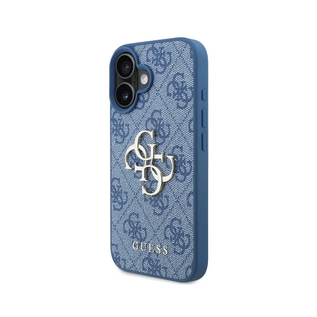 GUESS Funda Logo 4G Dorado para iPhone 16 con Correa de Perlas y Protección Anticaídas, Azul