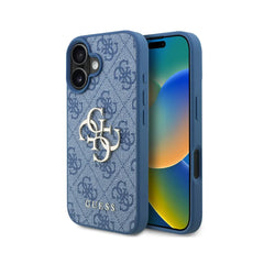 GUESS Funda para iPhone 16 – Carcasa de PU Azul con Logo 4G y Correa, Diseño Práctico y Ajuste Preciso