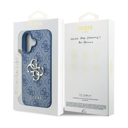 GUESS iPhone 16 Case – Blue PU Case with 4G Logo and Strap, Practical Design and Precise Fit