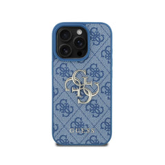 GUESS Funda para iPhone 16 Pro – Carcasa de PU Azul con Logo 4G y Correa, Diseño Práctico y Ajuste Preciso