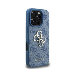 GUESS iPhone 16 Pro Max Case - Blue PU Case with 4G Logo and Strap, Practical Design and Precise Fit