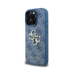 GUESS iPhone 16 Pro Max Case - Blue PU Case with 4G Logo and Strap, Practical Design and Precise Fit
