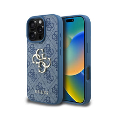 GUESS iPhone 16 Pro Max Case - Blue PU Case with 4G Logo and Strap, Practical Design and Precise Fit