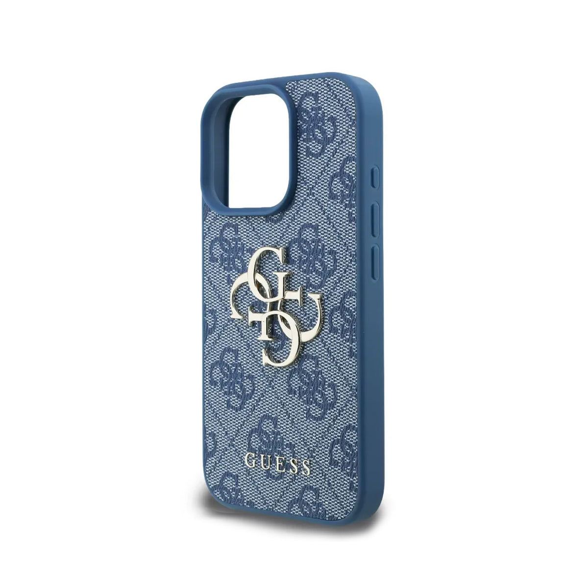 GUESS Funda Logo 4G Dorado para iPhone 16 Pro con Correa de Perlas y Protección Anticaídas, Azul
