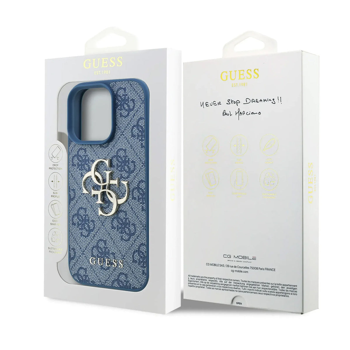 GUESS Funda Logo 4G Dorado para iPhone 16 Pro con Correa de Perlas y Protección Anticaídas, Azul