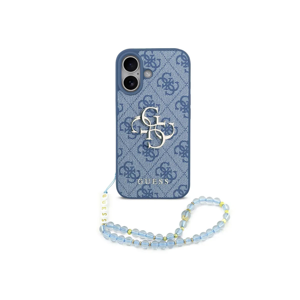 Guess Funda de Polipiel Logo 4G Clásico para iPhone 17 con Correa de Perlas y Protección Anticaídas, Azul