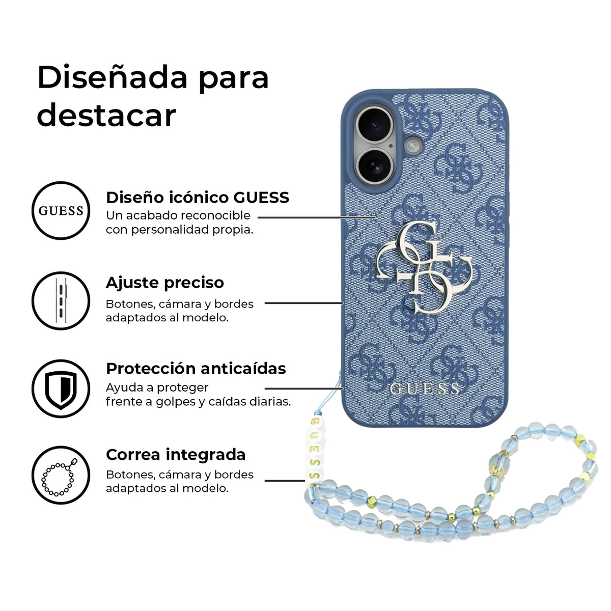 Guess Funda de Polipiel Logo 4G Clásico para iPhone 17 con Correa de Perlas y Protección Anticaídas, Azul