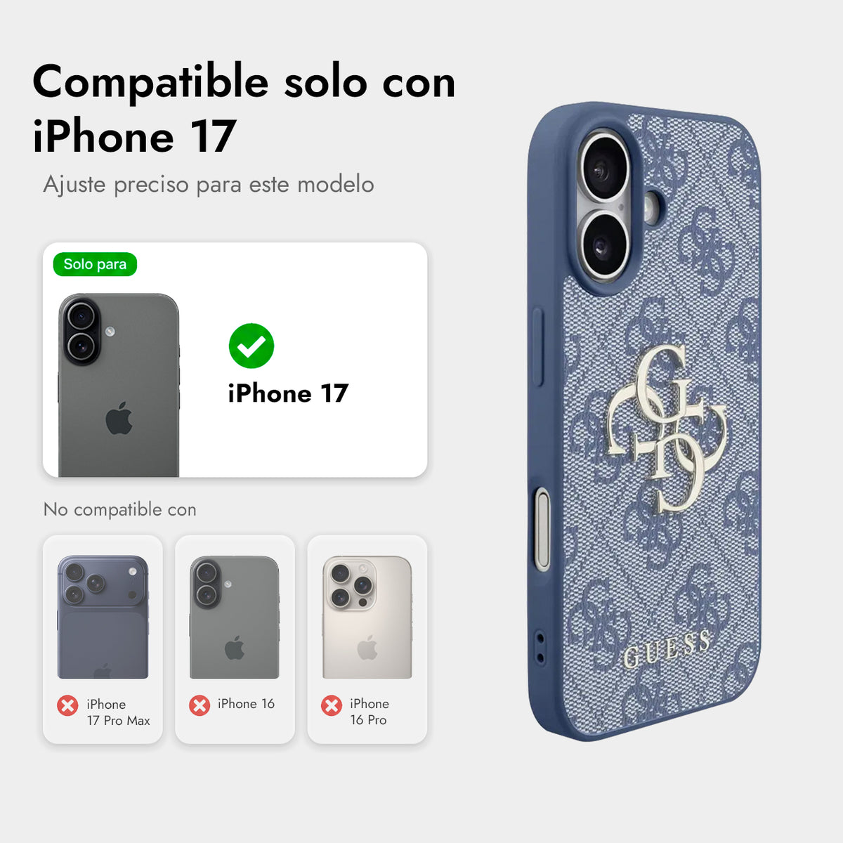 Guess Funda de Polipiel Logo 4G Clásico para iPhone 17 con Correa de Perlas y Protección Anticaídas, Azul