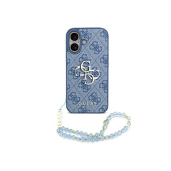 Guess Funda para iPhone 17 – Carcasa de Polipiel Azul con Logo 4G Clásico y Correa de Perlas, Protección Anticaídas y Ajuste Preciso