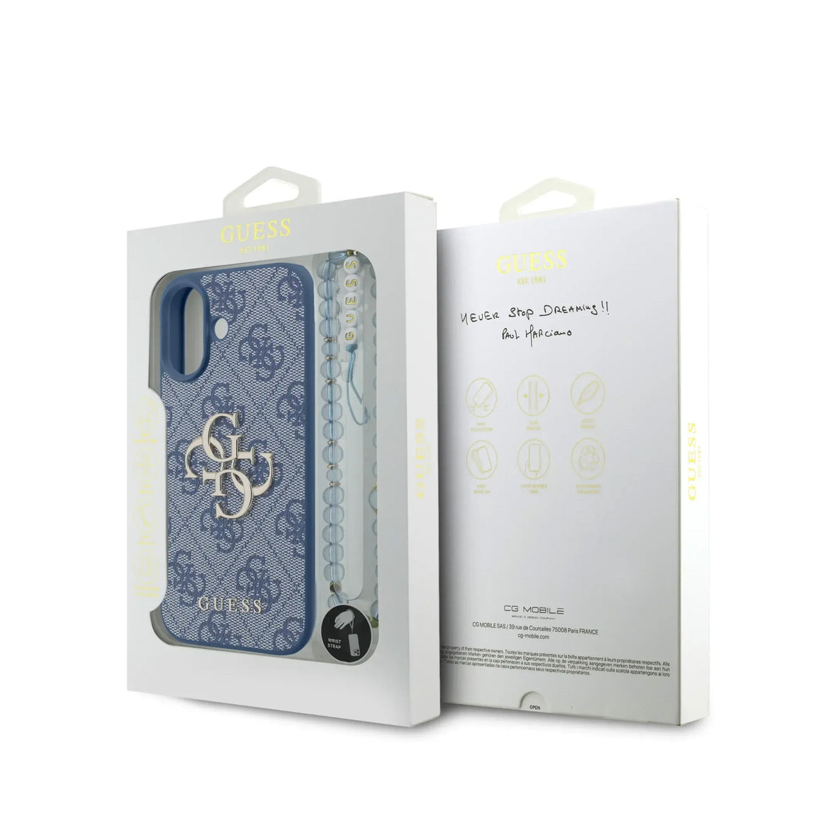 Guess Funda de Polipiel Logo 4G Clásico para iPhone 17 con Correa de Perlas y Protección Anticaídas, Azul
