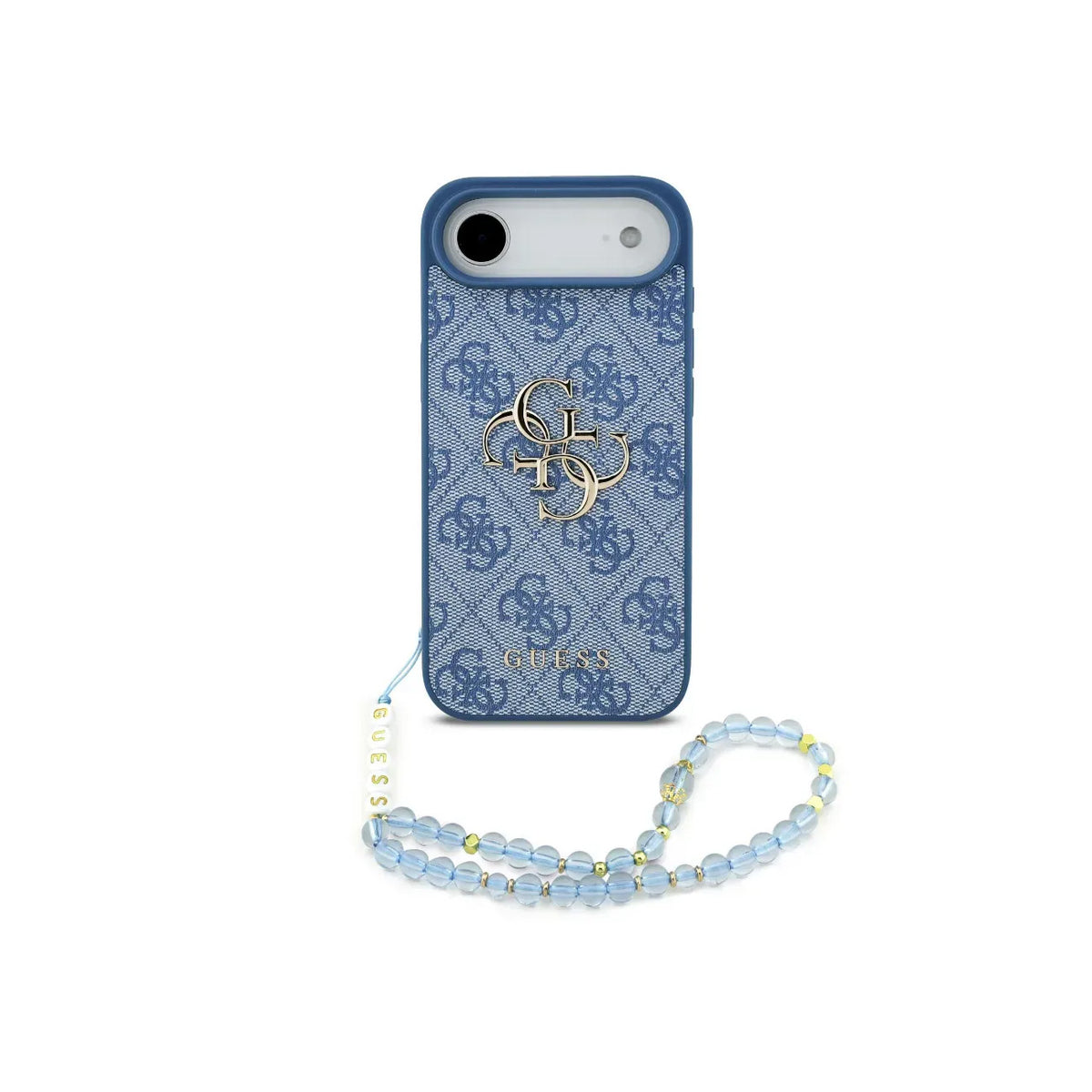 GUESS Funda de Polipiel Logo 4G Clásico para iPhone Air con Correa de Perlas y Protección Anticaídas, Azul